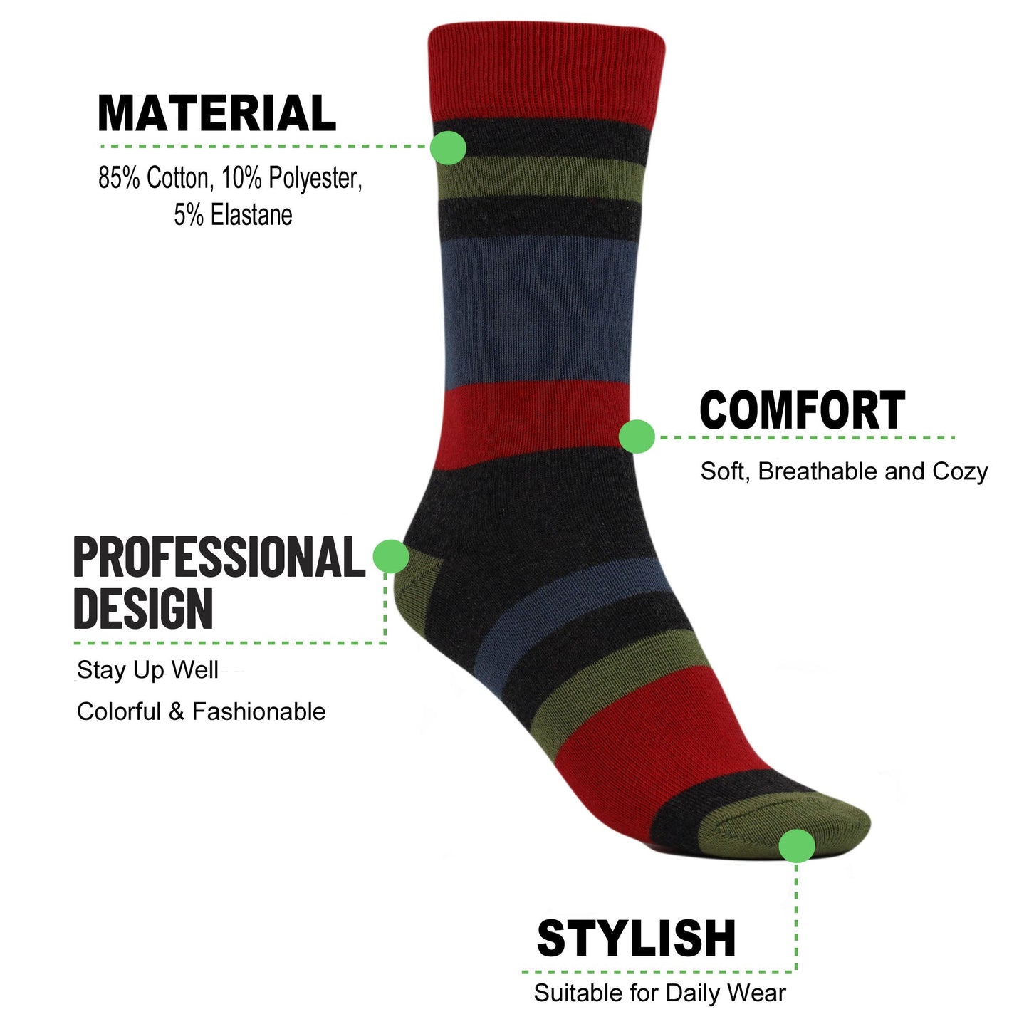3 Pairs Women’s Striped Cotton Crew Socks Size 9-11 Soft Colorful Casual Wear