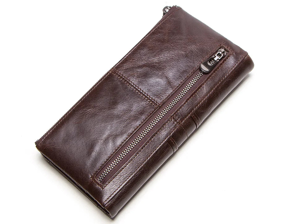 Men’s Genuine Leather Clutch Wallet Long Zipper Coin Purse & Card Holder