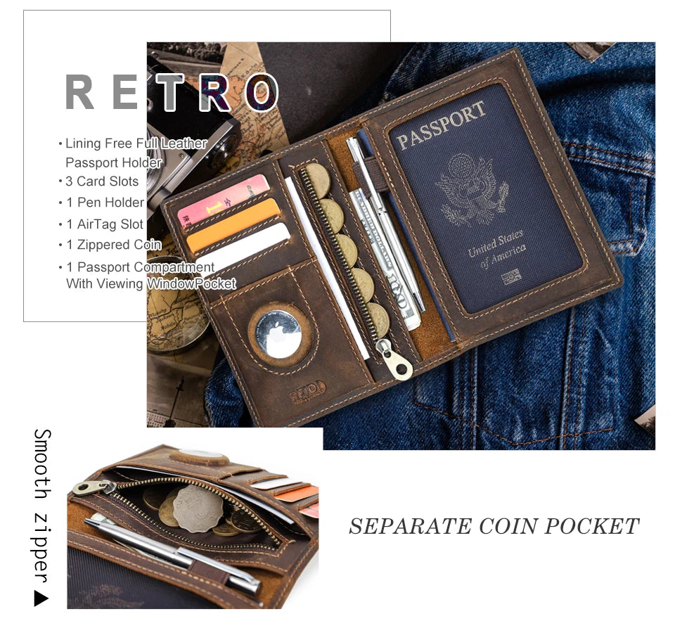 Genuine Leather Passport Wallet AirTag Slot Travel Card Holder for Men Women