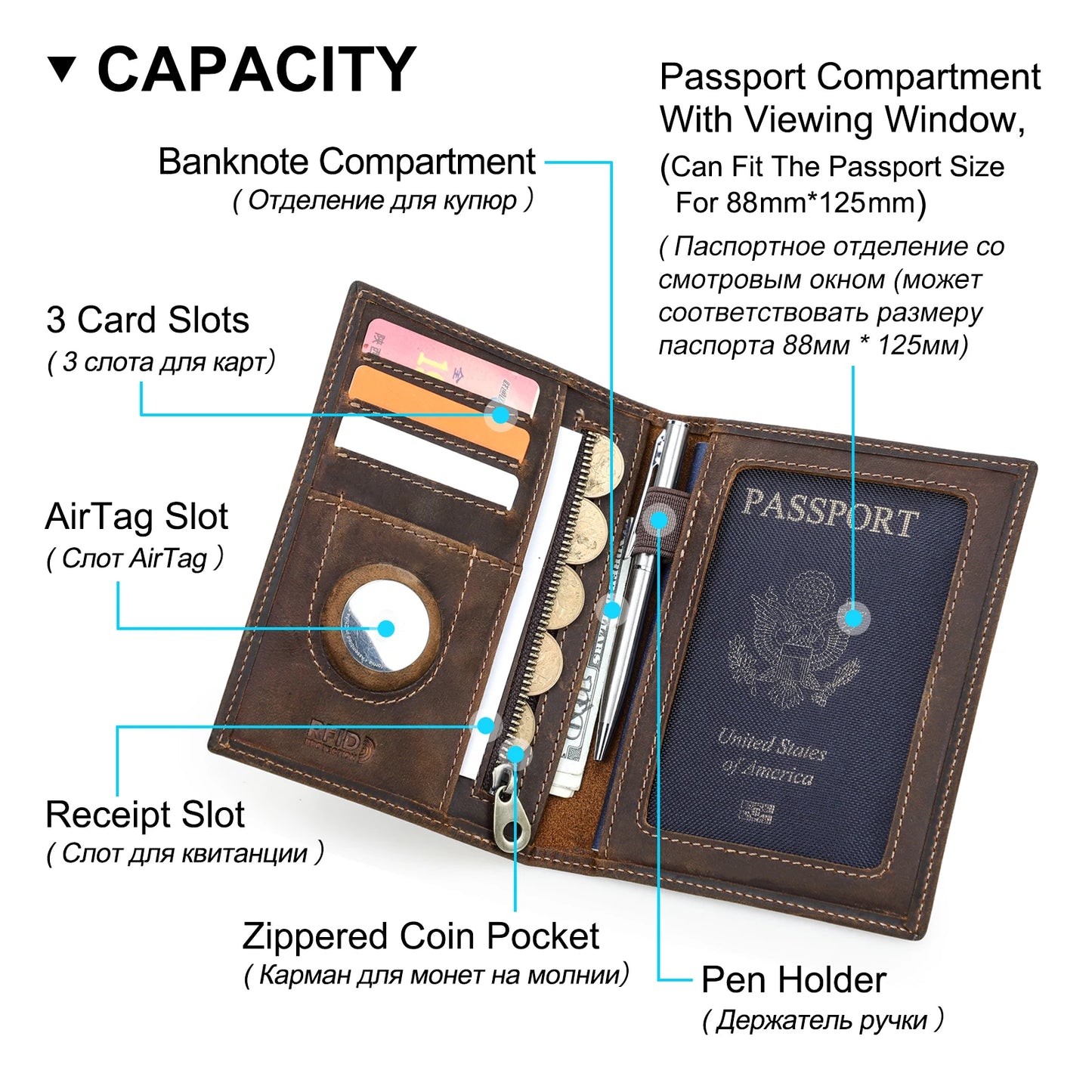 Genuine Leather Passport Wallet AirTag Slot Travel Card Holder for Men Women