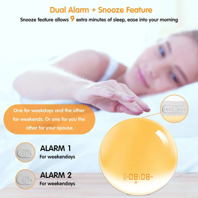 Sunrise Wake-Up Light Alarm Clock FM Radio Dual Alarm USB Night Light