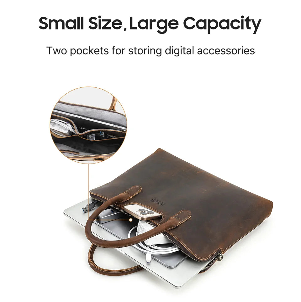 Genuine Leather Business Briefcase for Men – 14" Laptop Tote Bag