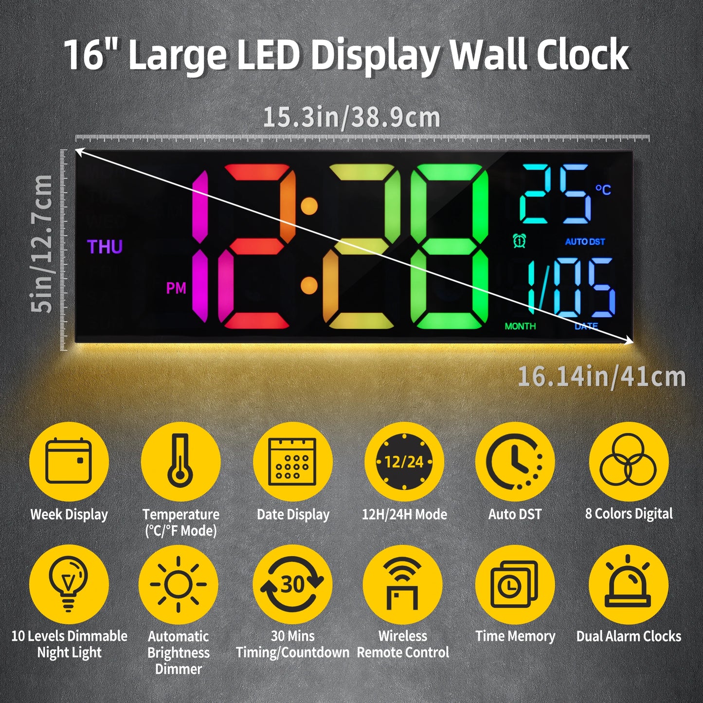 16" Large Digital Wall Clock RGB LED Remote Alarm Temp Date DST Kitchen Living