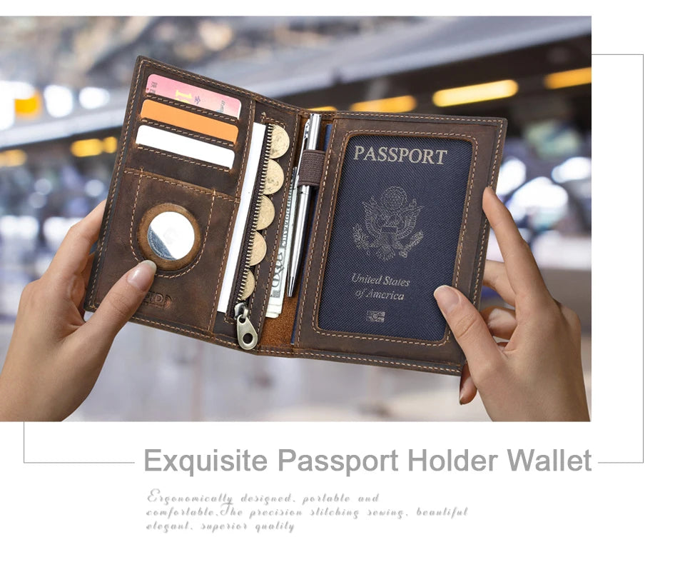 Genuine Leather Passport Wallet AirTag Slot Travel Card Holder for Men Women