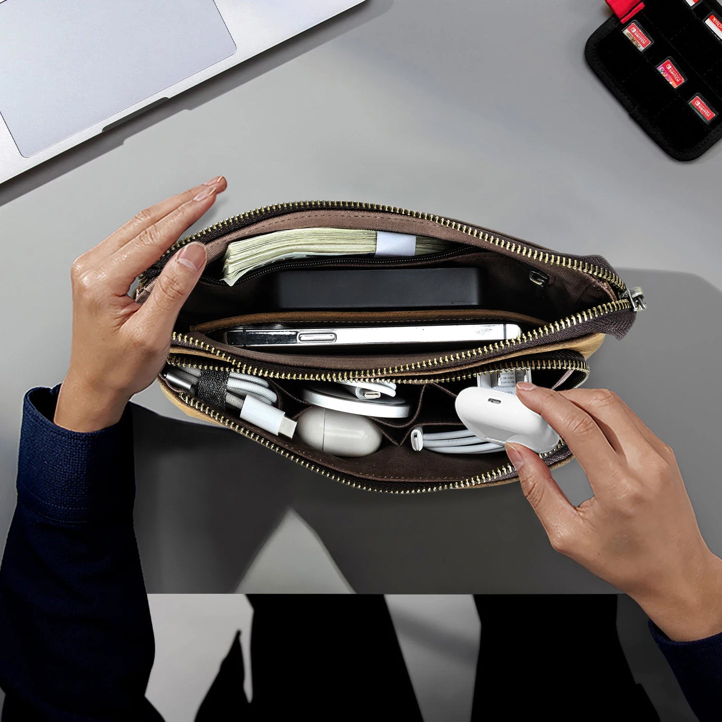 Genuine Leather Men Clutch Bag Long Wallet Travel Handbag Storage Organizer