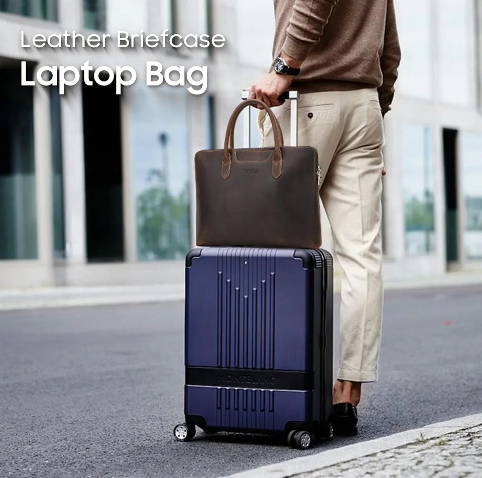 Genuine Leather Business Briefcase for Men – 14" Laptop Tote Bag