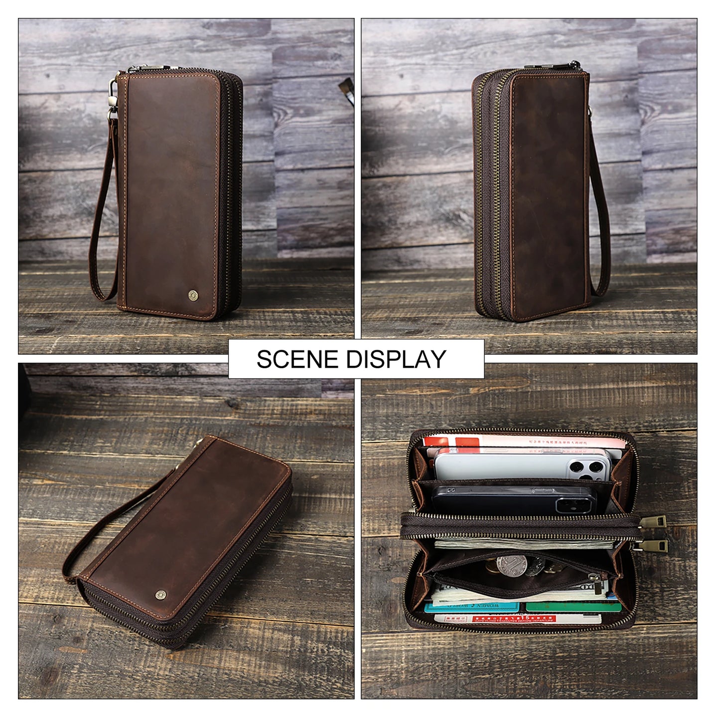 Genuine Leather Men's Long Wallet Clutch with Double Zipper & Card Slots
