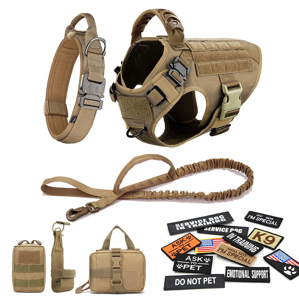Tactical Dog Harness Set w/ Leash Collar Bags Patches for Large Dogs Training