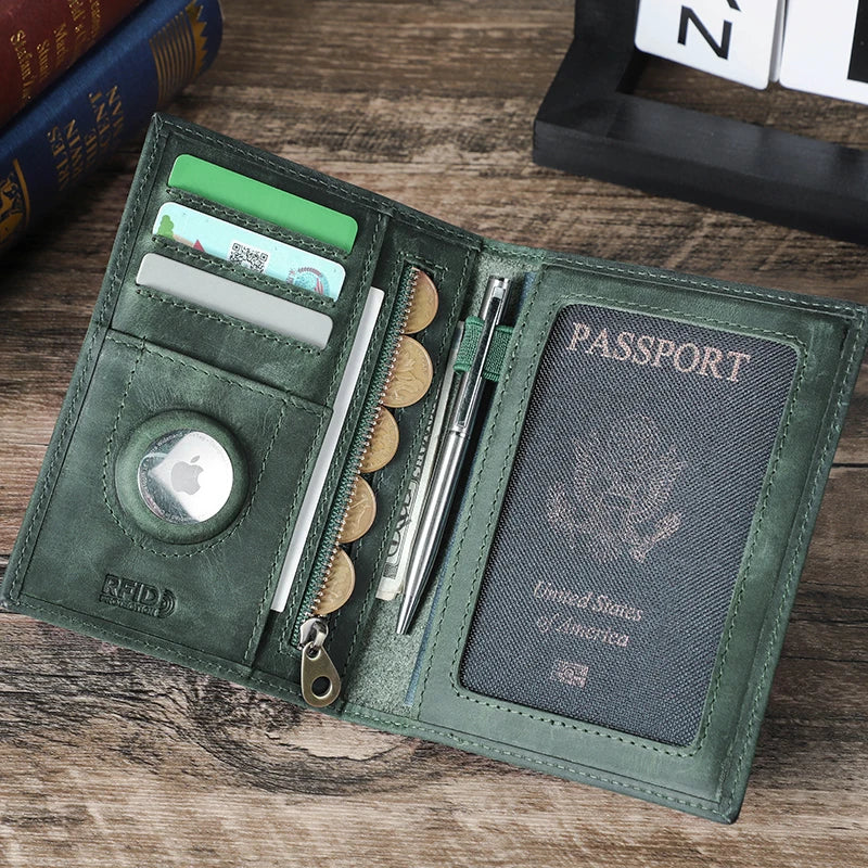 Genuine Leather Passport Wallet AirTag Slot Travel Card Holder for Men Women