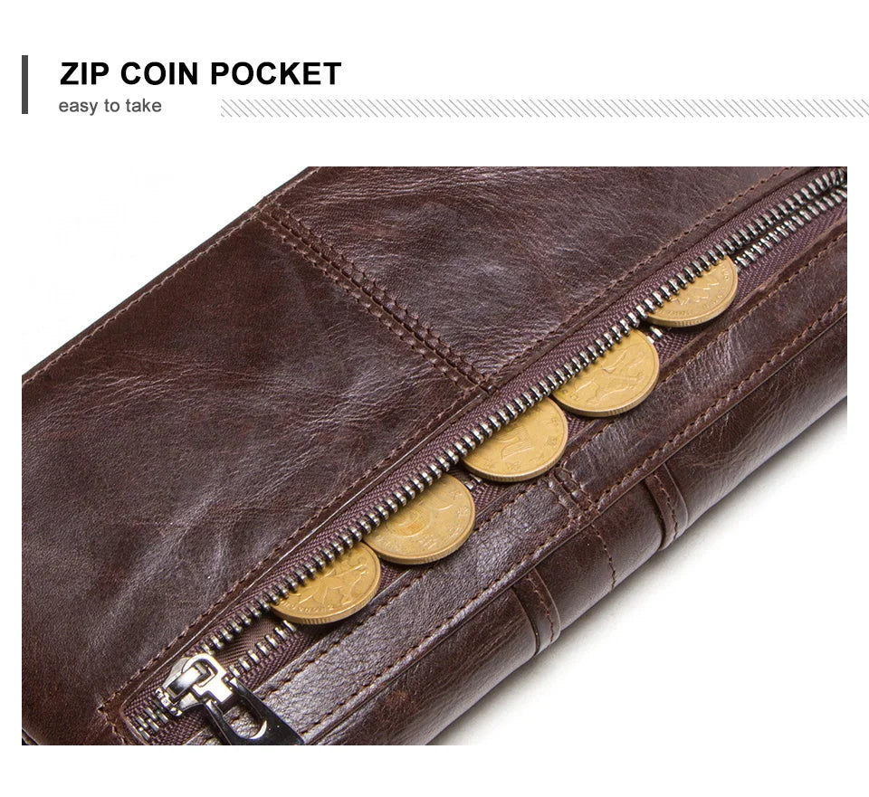 Men’s Genuine Leather Clutch Wallet Long Zipper Coin Purse & Card Holder