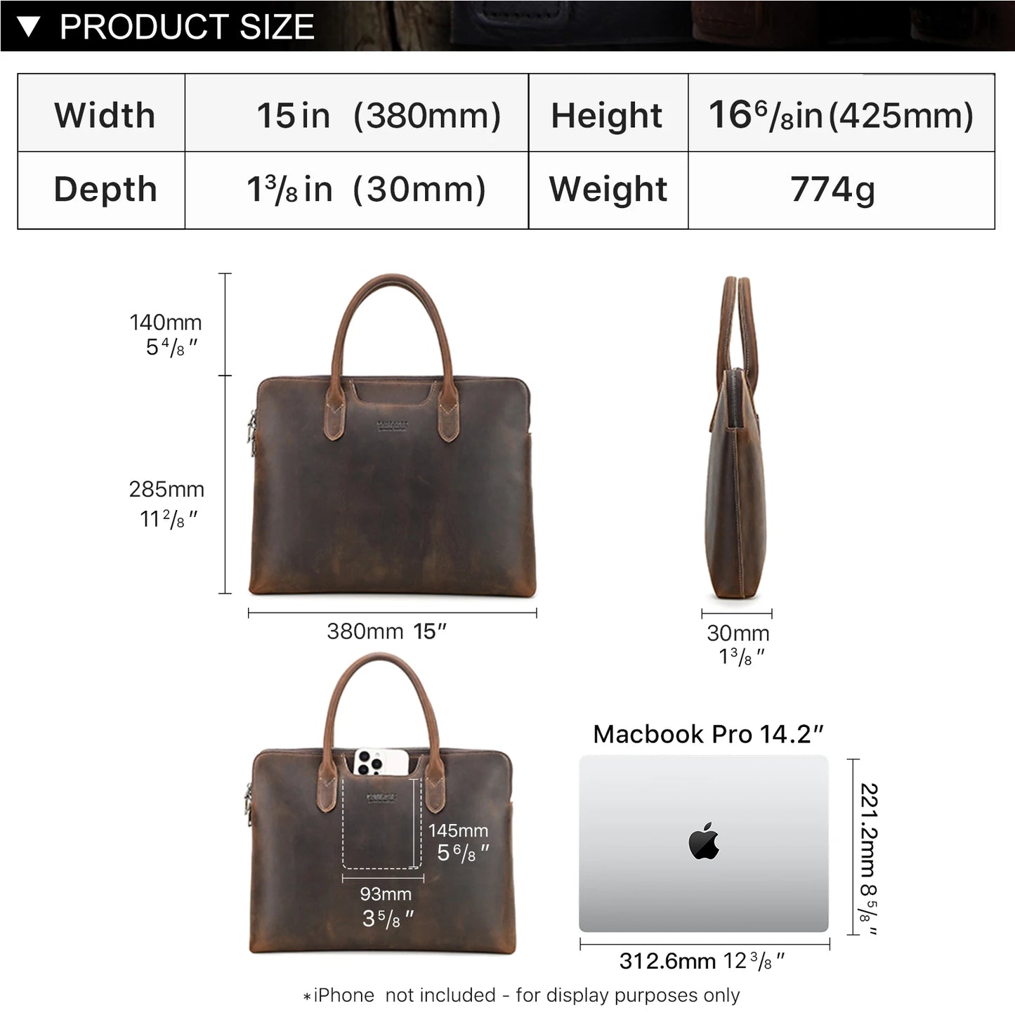 Genuine Leather Business Briefcase for Men – 14" Laptop Tote Bag
