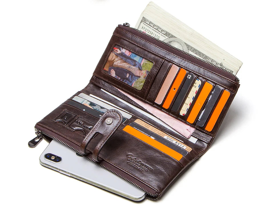 Men’s Genuine Leather Clutch Wallet Long Zipper Coin Purse & Card Holder