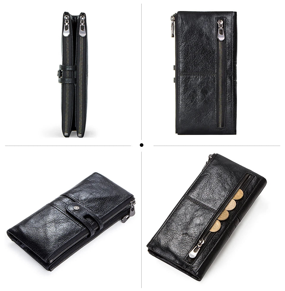 Men’s Genuine Leather Clutch Wallet Long Zipper Coin Purse & Card Holder