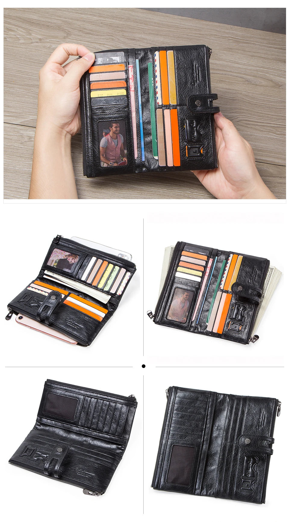 Men’s Genuine Leather Clutch Wallet Long Zipper Coin Purse & Card Holder