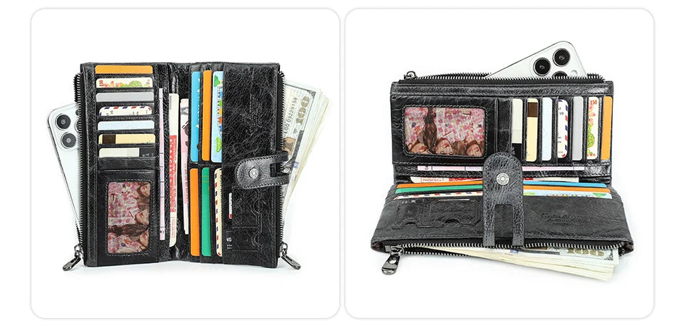 Men’s Genuine Leather Clutch Wallet Long Zipper Coin Purse & Card Holder