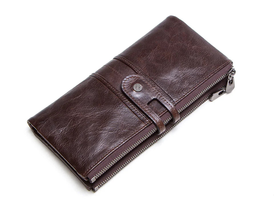 Men’s Genuine Leather Clutch Wallet Long Zipper Coin Purse & Card Holder