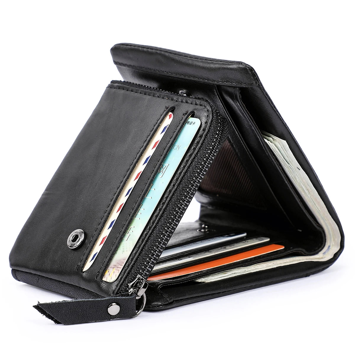 Men’s Genuine Leather Trifold Wallet with Zipper Coin Pocket & Card Holder