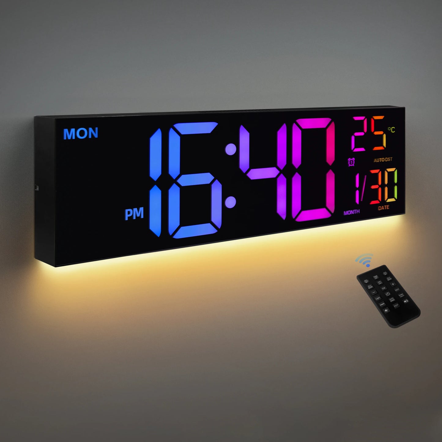 16" Large Digital Wall Clock RGB LED Remote Alarm Temp Date DST Kitchen Living