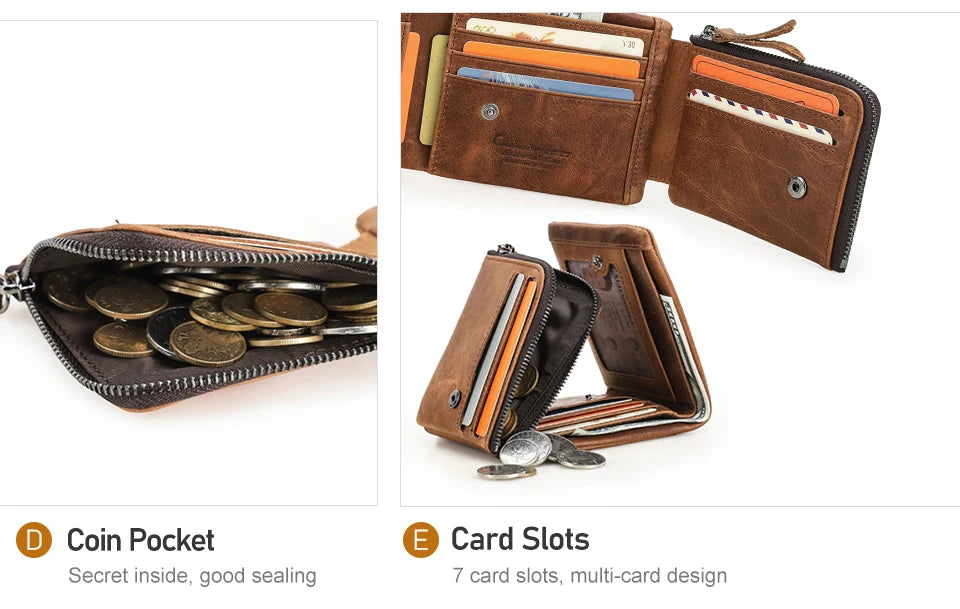 Men’s Genuine Leather Trifold Wallet with Zipper Coin Pocket & Card Holder