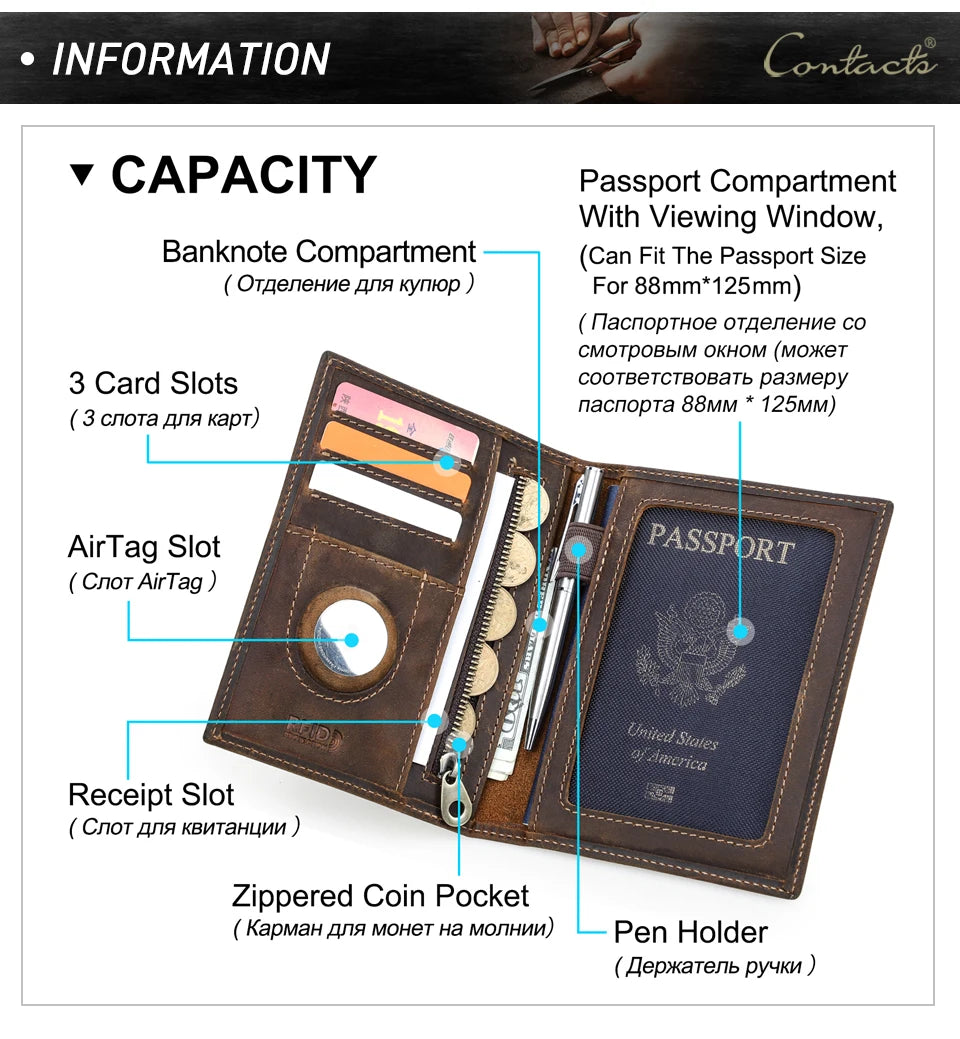 Genuine Leather Passport Wallet AirTag Slot Travel Card Holder for Men Women