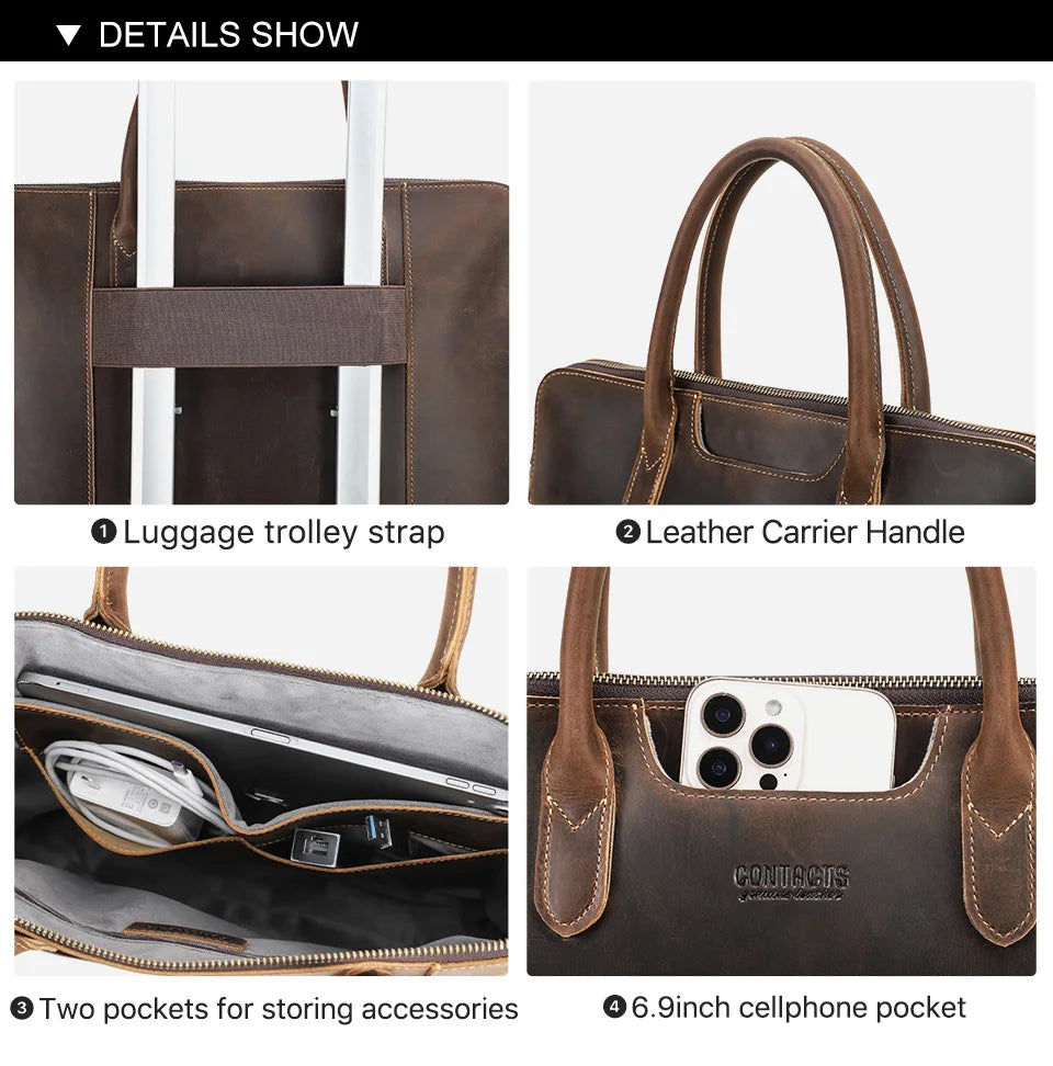 Genuine Leather Business Briefcase for Men – 14" Laptop Tote Bag