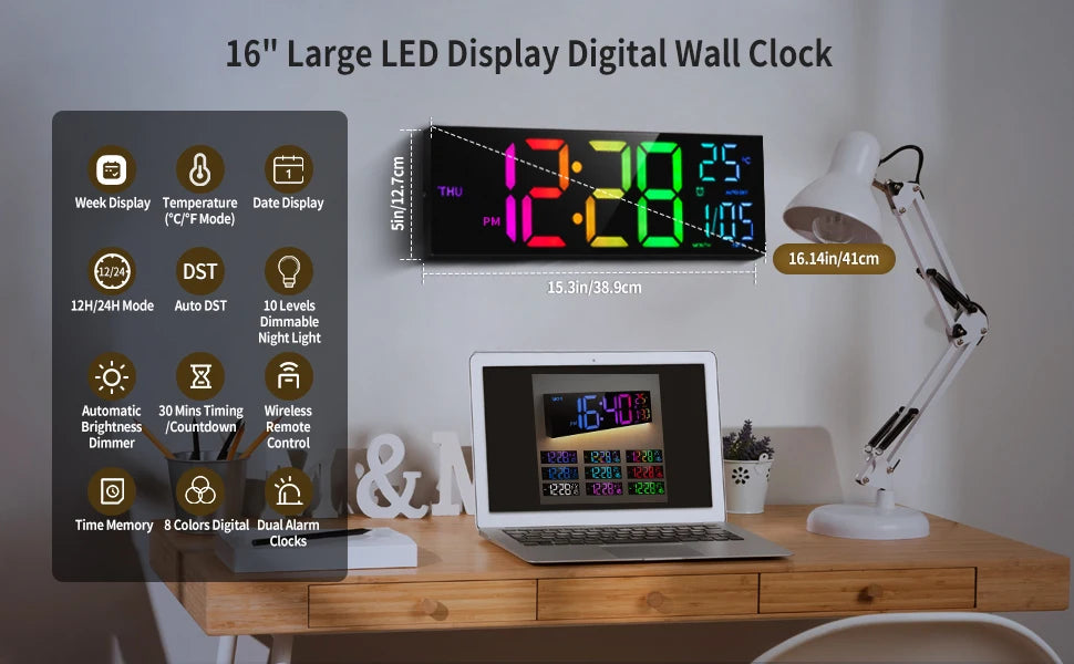16" Large Digital Wall Clock RGB LED Remote Alarm Temp Date DST Kitchen Living