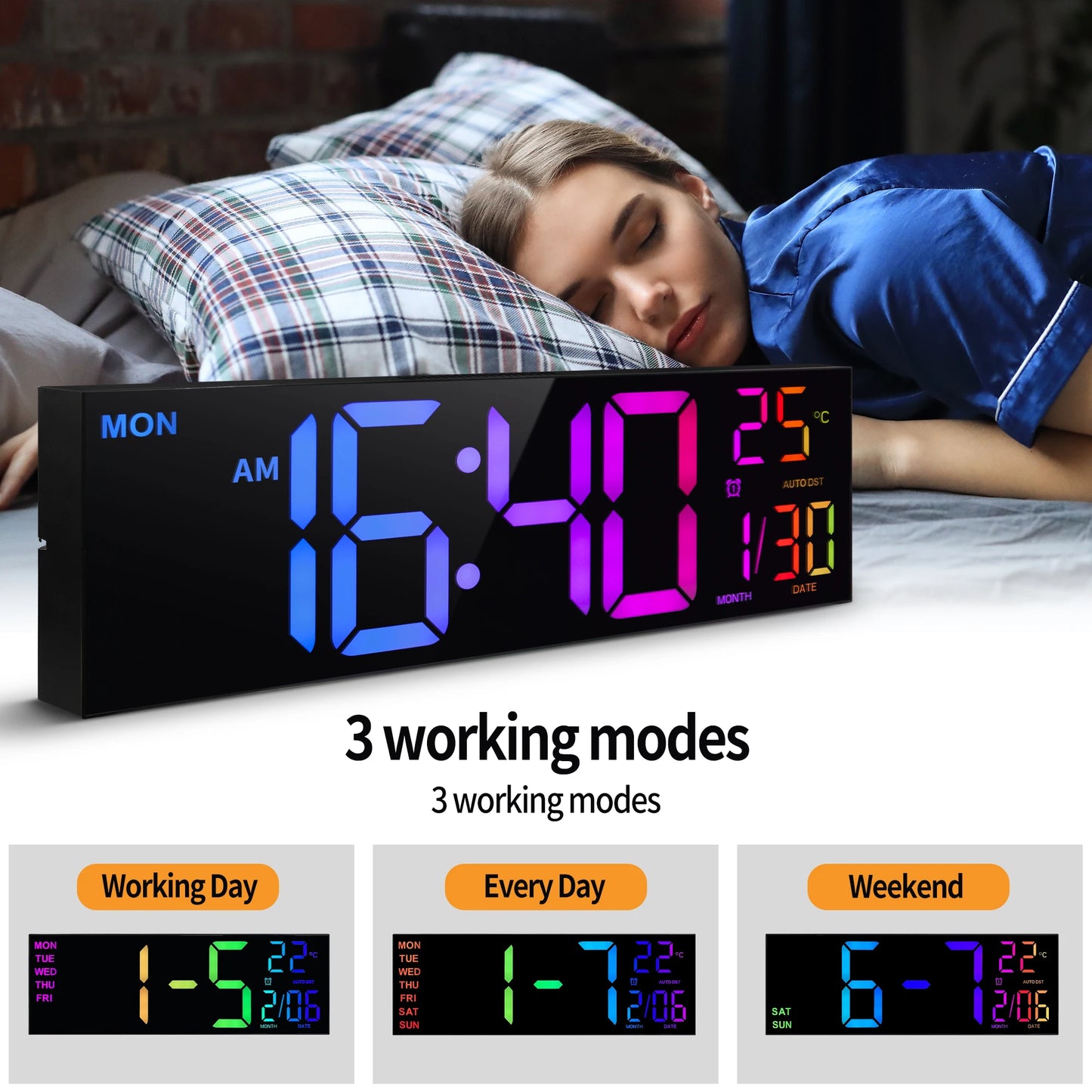 16" Large Digital Wall Clock RGB LED Remote Alarm Temp Date DST Kitchen Living
