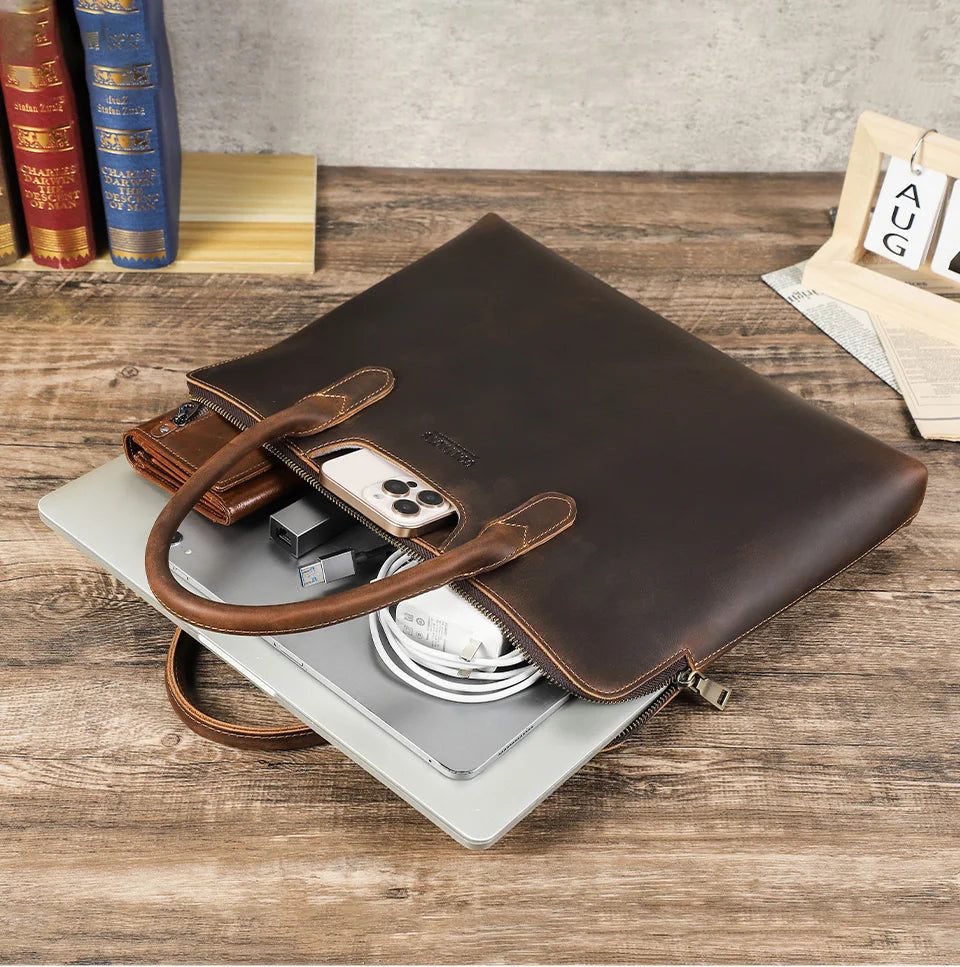 Genuine Leather Business Briefcase for Men – 14" Laptop Tote Bag
