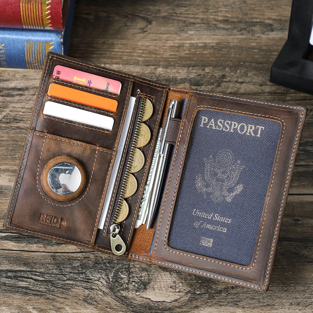 Genuine Leather Passport Wallet AirTag Slot Travel Card Holder for Men Women