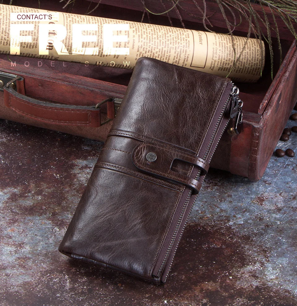 Men’s Genuine Leather Clutch Wallet Long Zipper Coin Purse & Card Holder