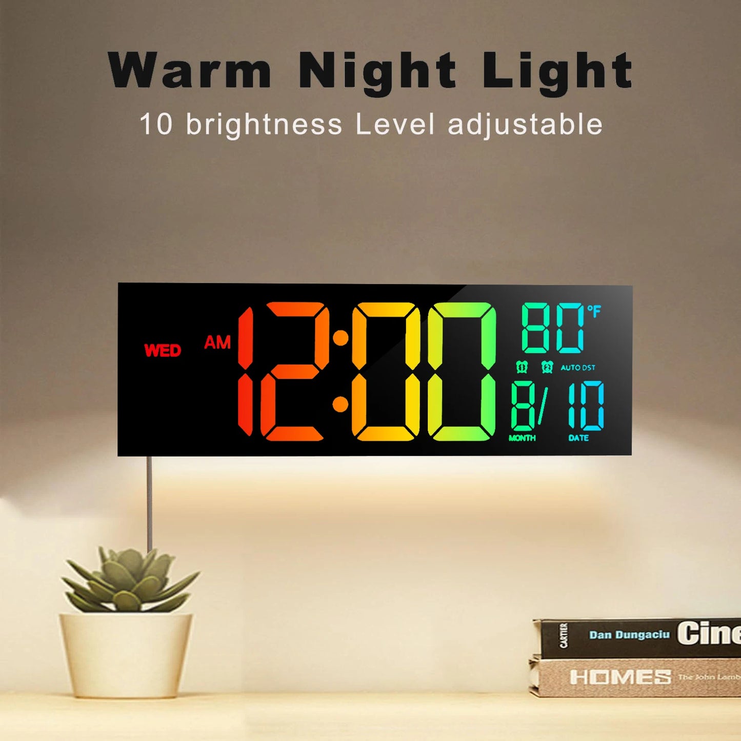 16" Large Digital Wall Clock RGB LED Remote Alarm Temp Date DST Kitchen Living