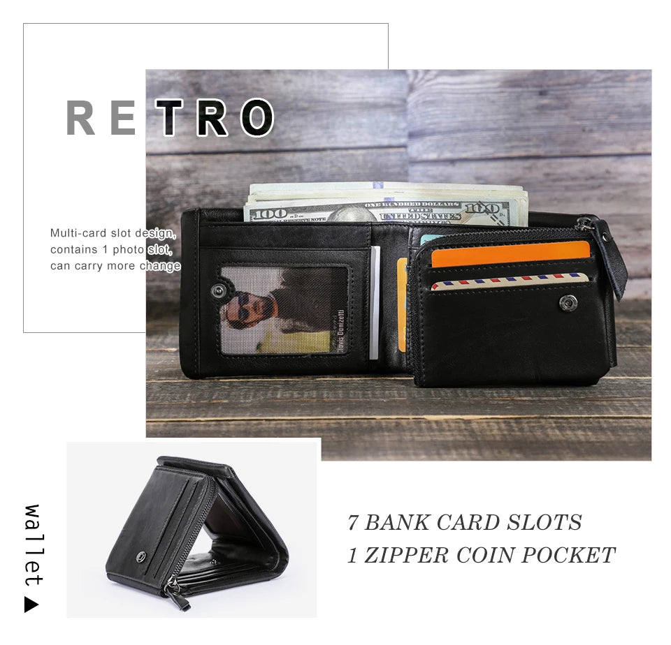Men’s Genuine Leather Trifold Wallet with Zipper Coin Pocket & Card Holder
