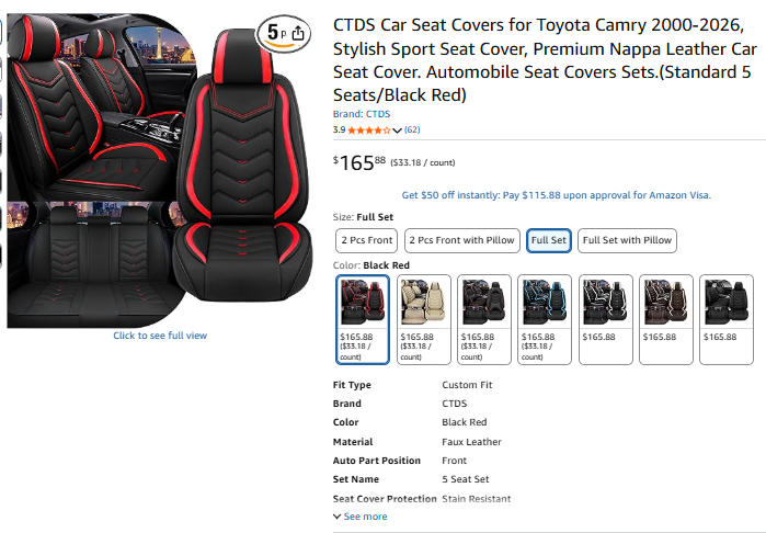Premium Nappa Leather Car Seat Covers Toyota Camry 2000-2026 Black 5-Seats