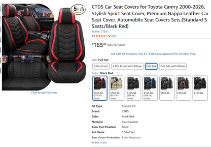 Premium Nappa Leather Car Seat Covers Toyota Camry 2000-2026 Black 5-Seats