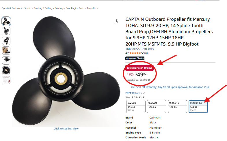 CAPTAIN Propeller 9.25 x 11.5 for Tohatsu Outboard 14 Spline RH Aluminum 3 Blade