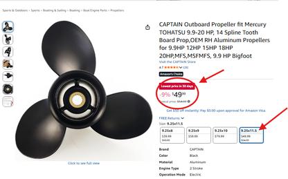 CAPTAIN Propeller 9.25 x 11.5 for Tohatsu Outboard 14 Spline RH Aluminum 3 Blade