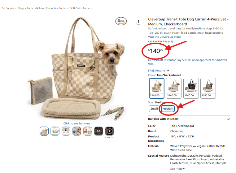Cleverpup Transit Tote Dog Carrier Medium Tan Checkerboard Travel Shoulder Bag