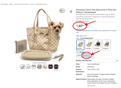 Cleverpup Transit Tote Dog Carrier Medium Tan Checkerboard Travel Shoulder Bag