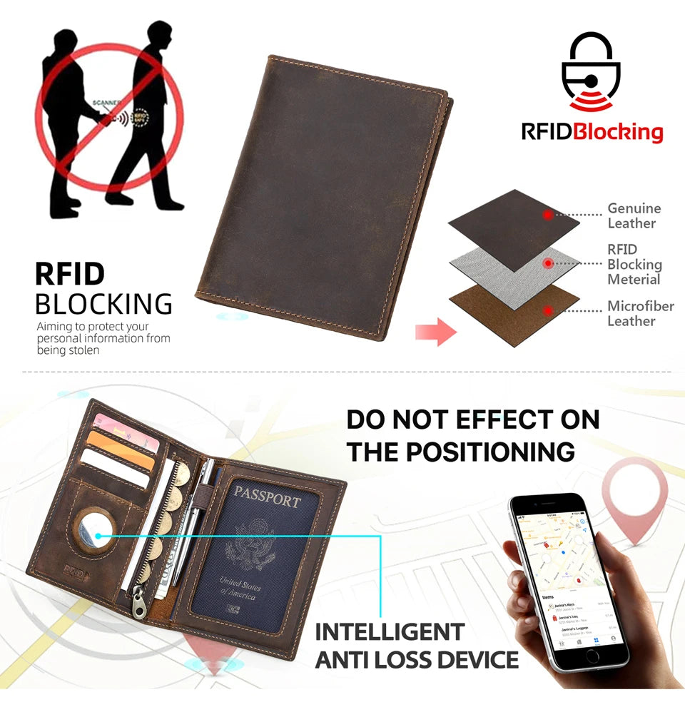Genuine Leather Passport Wallet AirTag Slot Travel Card Holder for Men Women