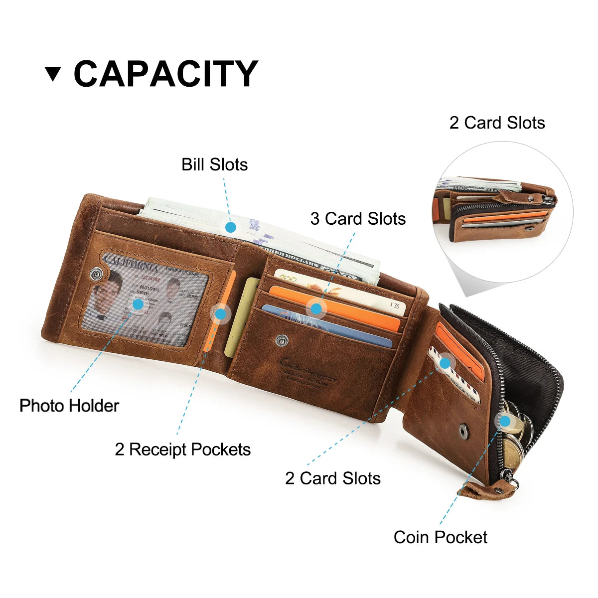 Men’s Genuine Leather Trifold Wallet with Zipper Coin Pocket & Card Holder