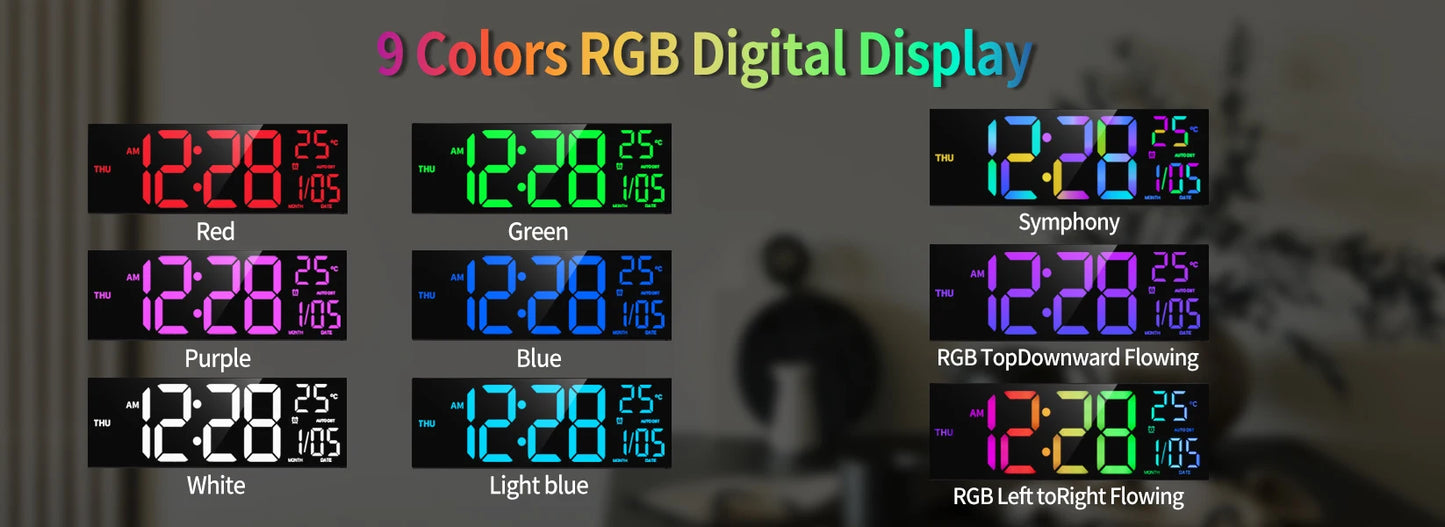 16" Large Digital Wall Clock RGB LED Remote Alarm Temp Date DST Kitchen Living