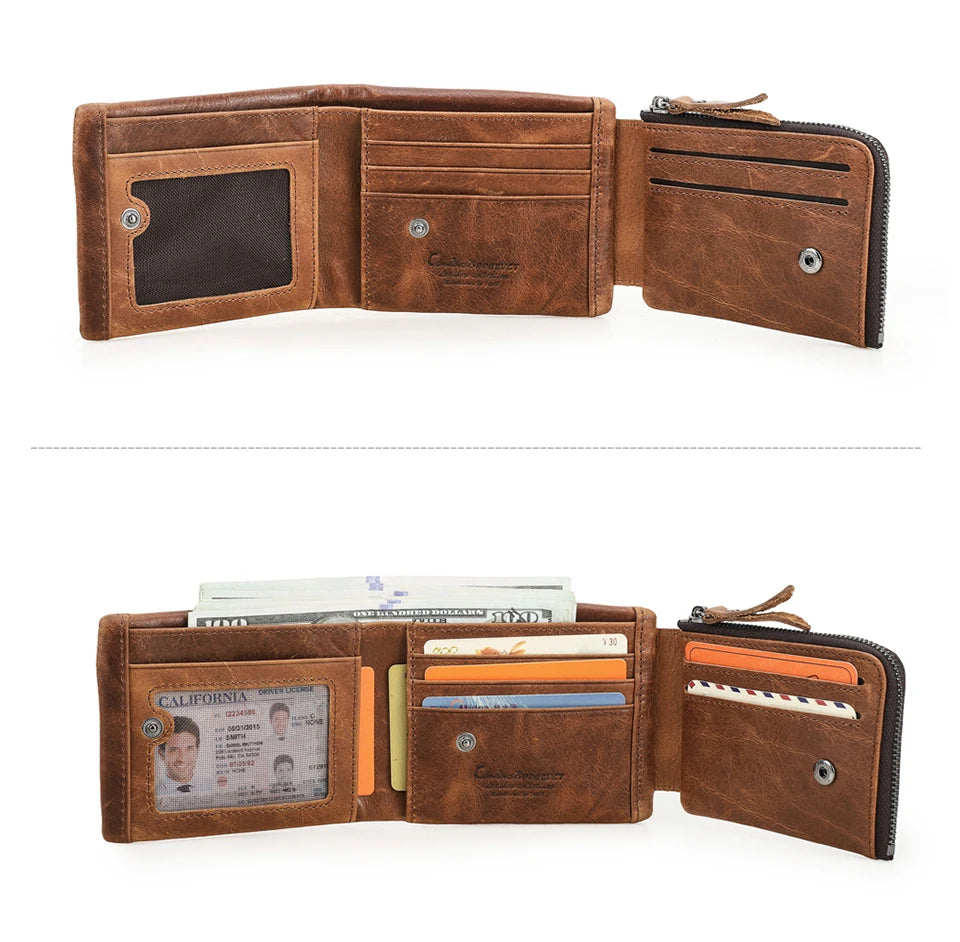 Men’s Genuine Leather Trifold Wallet with Zipper Coin Pocket & Card Holder