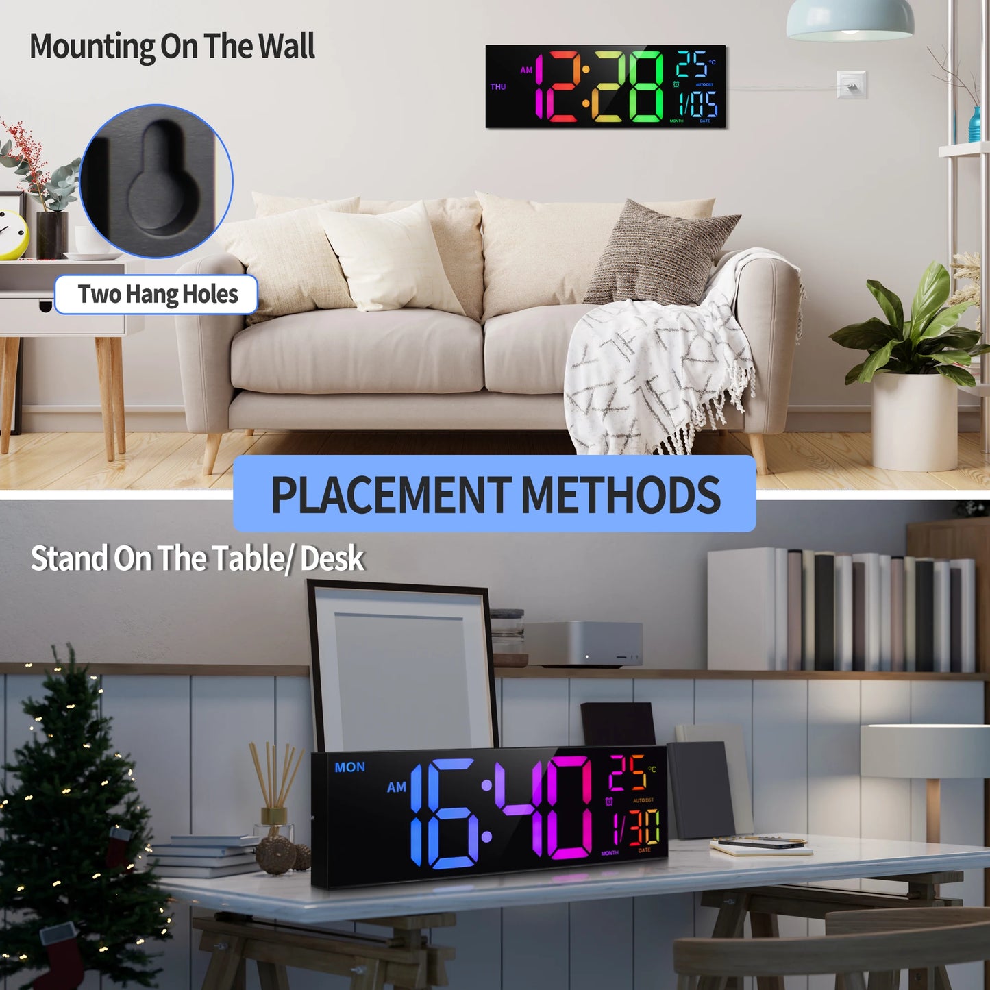 16" Large Digital Wall Clock RGB LED Remote Alarm Temp Date DST Kitchen Living