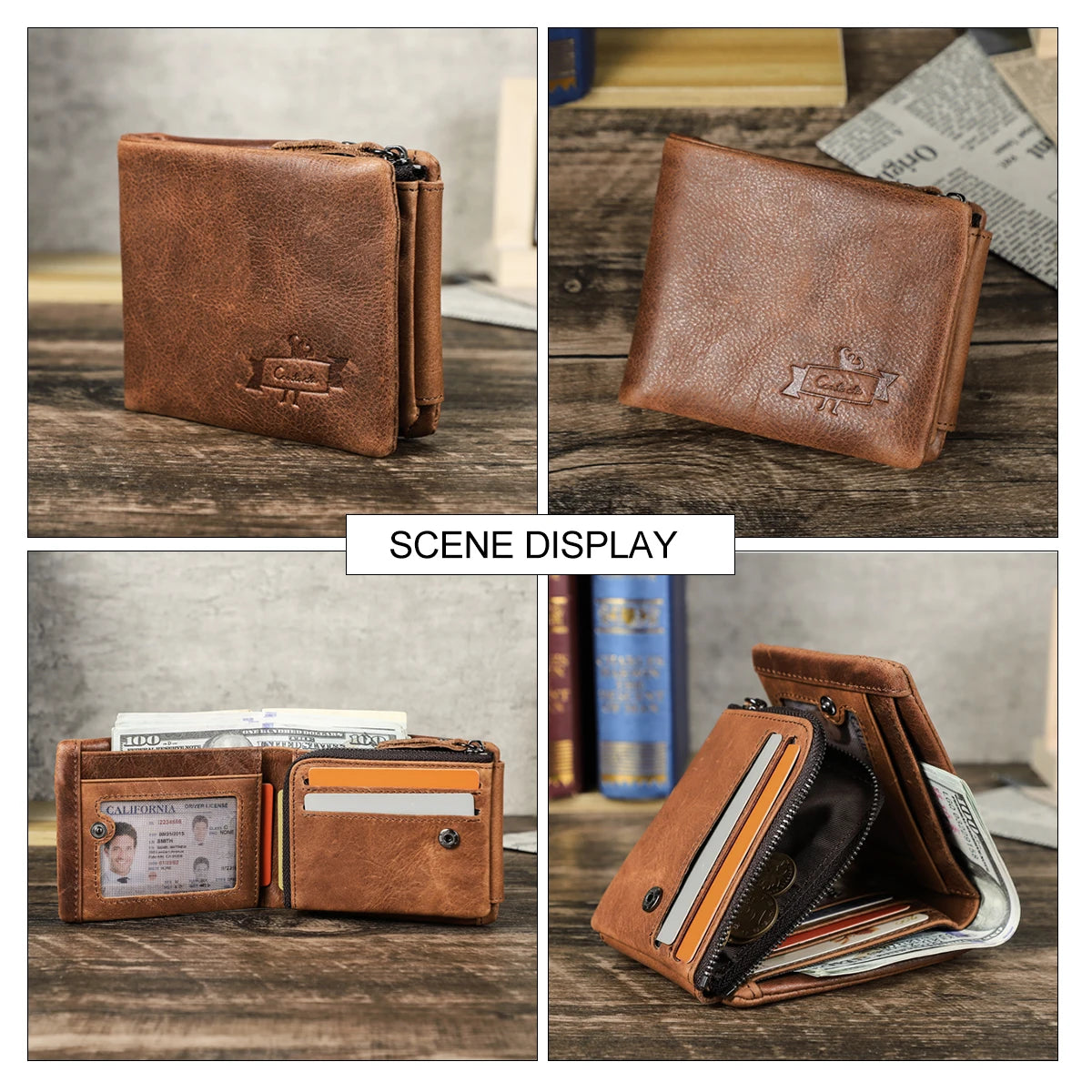Men’s Genuine Leather Trifold Wallet with Zipper Coin Pocket & Card Holder