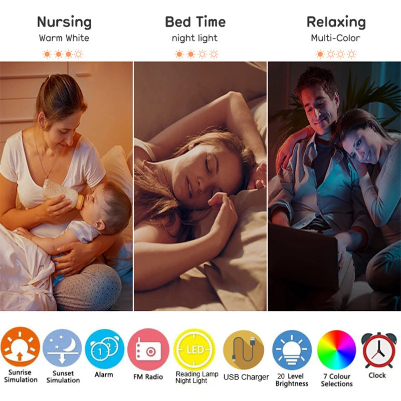 Sunrise Wake-Up Light Alarm Clock FM Radio Dual Alarm USB Night Light