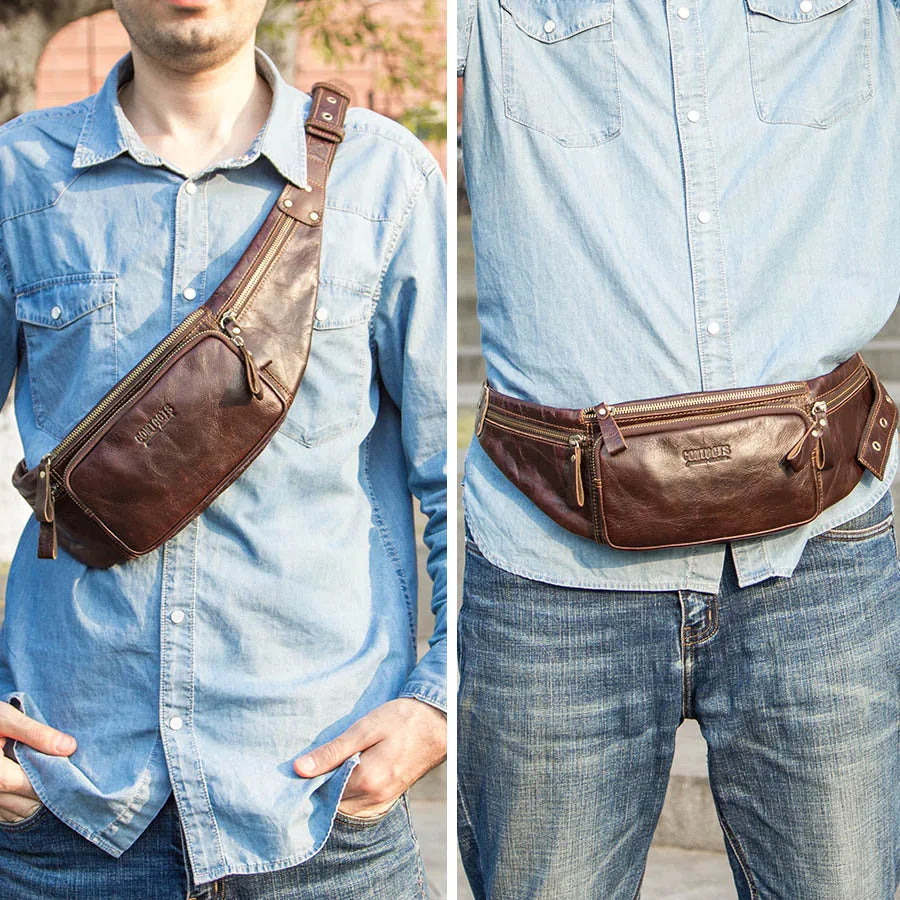 Men's 100% Genuine Leather Waist Bag Fanny Pack for Travel and Daily Essentials