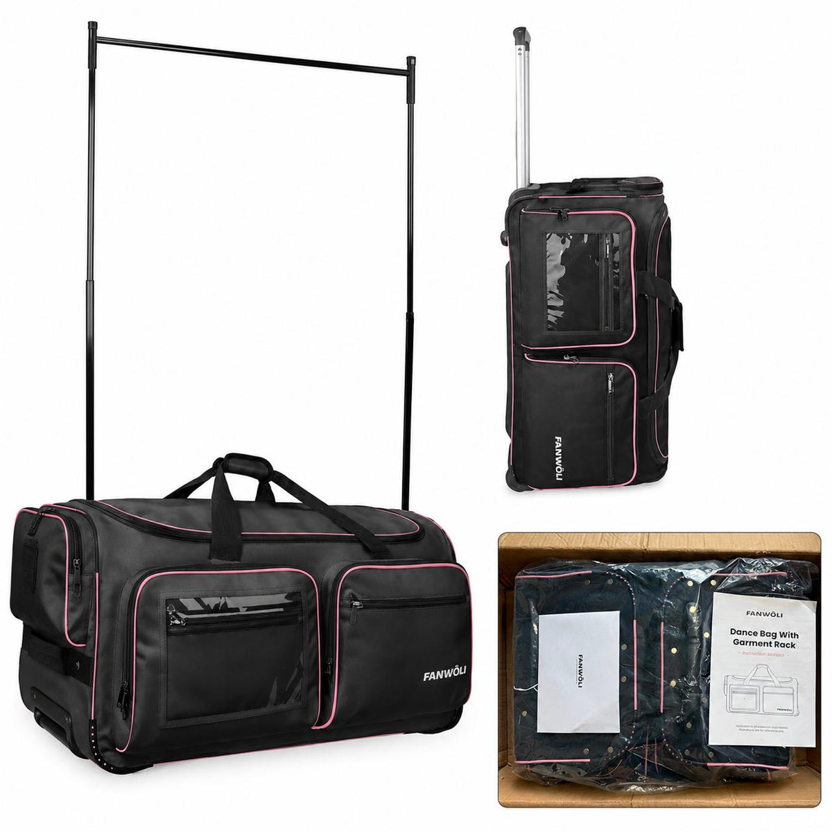 Fanwoli 28" Rolling Dance Bag with Garment Rack Competition Duffel Black