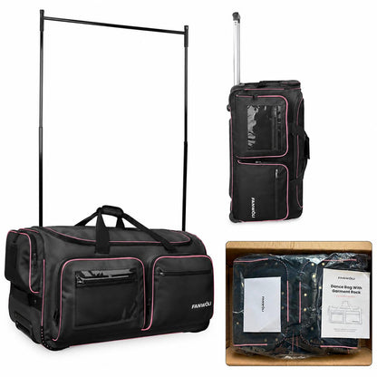 Fanwoli 28" Rolling Dance Bag with Garment Rack Competition Duffel Black