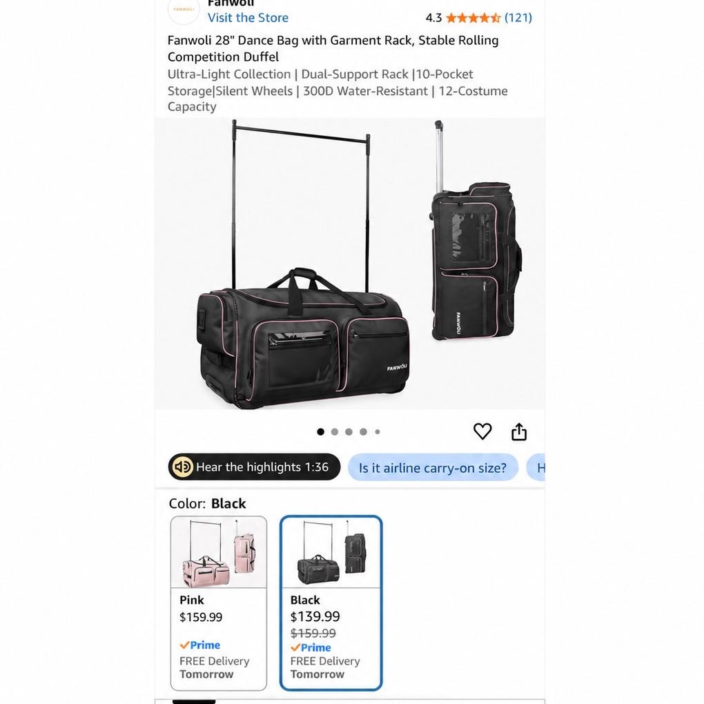 Fanwoli 28" Rolling Dance Bag with Garment Rack Competition Duffel Black