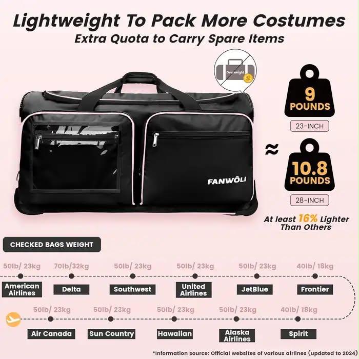 Fanwoli 28" Rolling Dance Bag with Garment Rack Competition Duffel Black